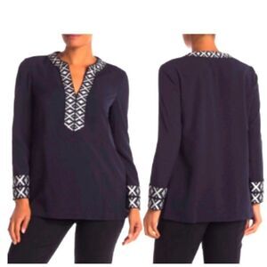 Tory Burch Ariana Tunic Top With Embroidered Taping Detail Navy